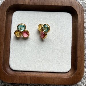 Julie Vos Gold Earrings with Blue, Pink, and Yellow Gems